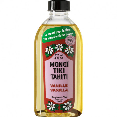Parfumerie Tiki Monoi Tiare body oil with a gentle scent of vanilla.