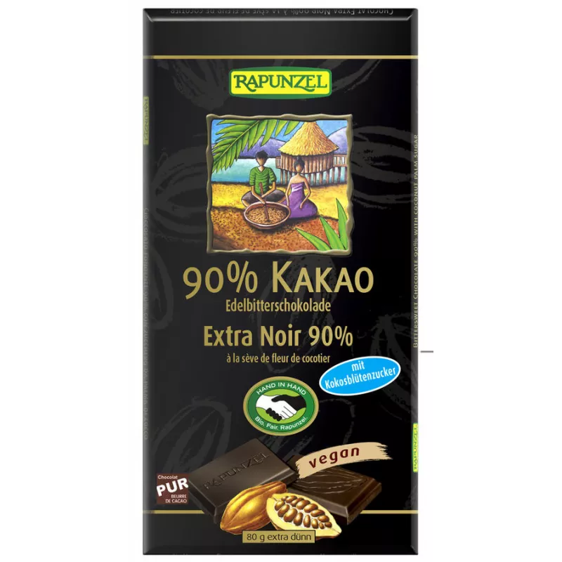 Cioccolato fondente Rapunzel 90% cacao con zucchero di fiori di cocco - 80g