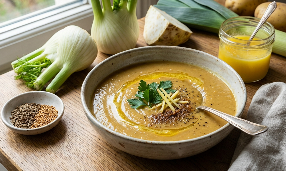 Helle Wurzelcremesuppe mit feinen Gewürzen
