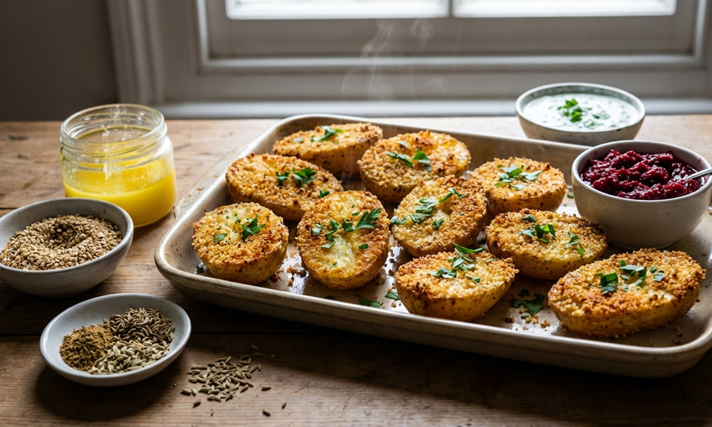 Panierte Ofenkartoffeln mit Gomasio, Kreuzkümmel & Fenchel