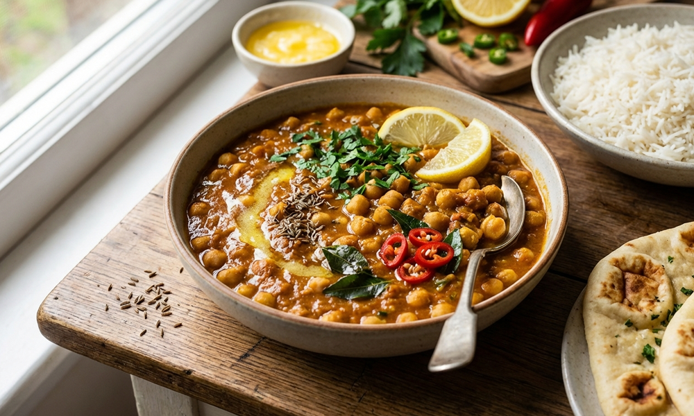 Scharfes Kichererbsen-Curry mit aromatischem Gewürzen
