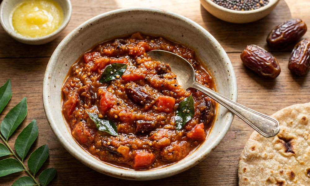 Tomaten-Dattel-Chutney mit Senfsamen & Curryblättern