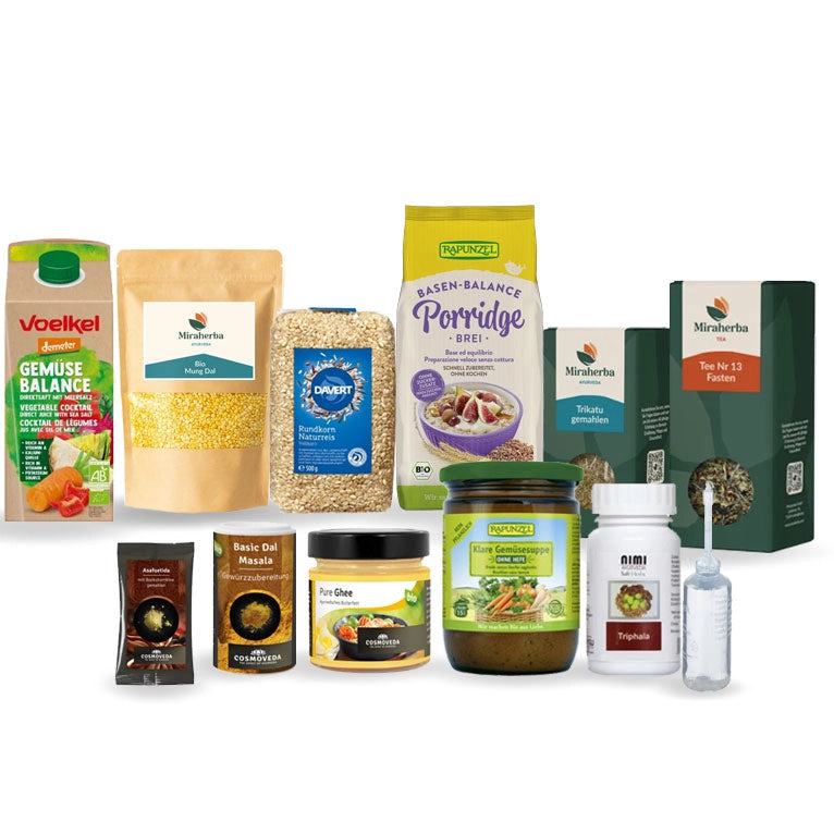 Inhalt des Ayurveda Fastenpakets Langhana Karma mit Bio-Zutaten und Fastenbuch