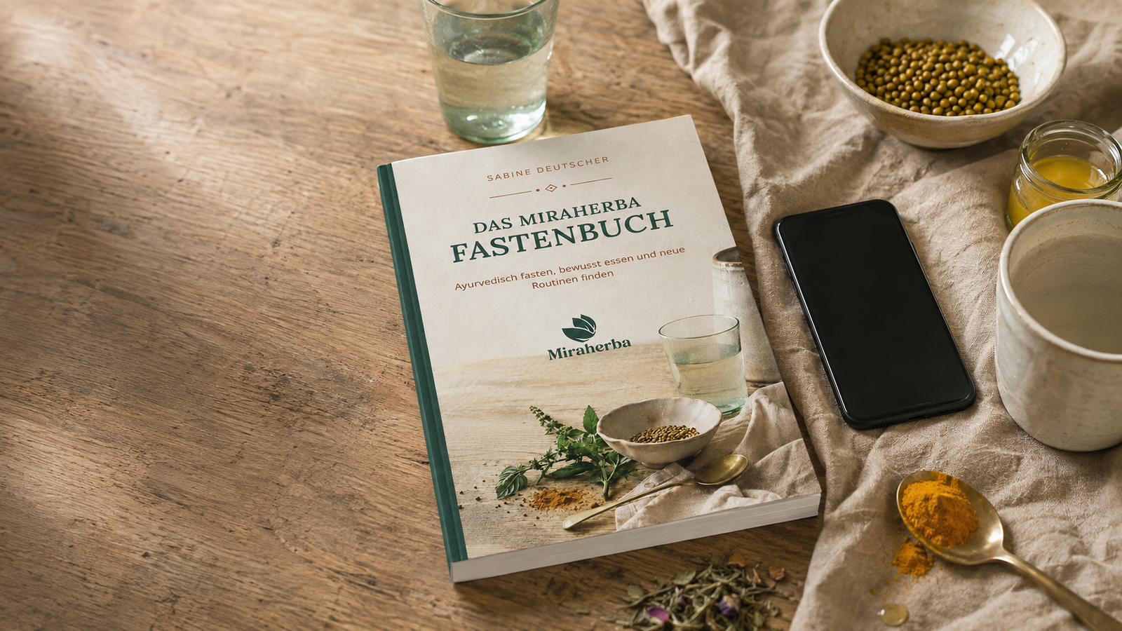 Miraherba Fastenbuch, eine Schale Kitchari und das Fastenportal auf einem Holztisch